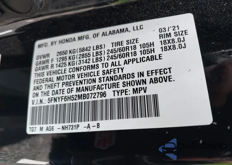 2021 Honda Pilot Awd Ex-L из США, поврежденный, VIN 5FNYF6H52MB072796